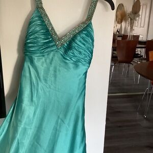 Satin, turquoise evening dress